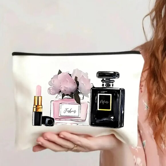 High Heels And Perfume Prints, Portable Zip Cosmetic Storage Bag - Picture 2 of 4